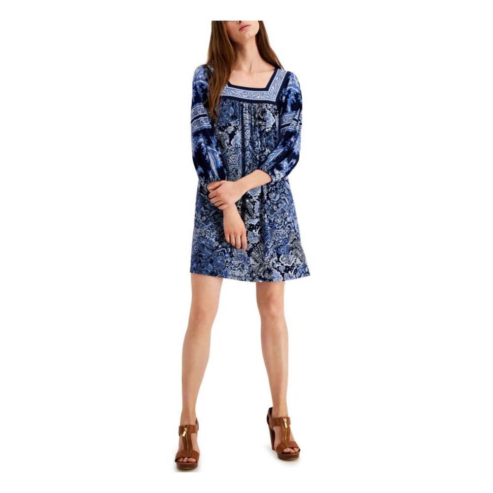 MICHAEL MICHAEL KORS Womens Navy 3/4 Sleeve Short Shift Dress Petites P